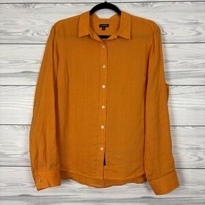 J. Peterman 100% Linen Orange Button Down Blouse Size XL